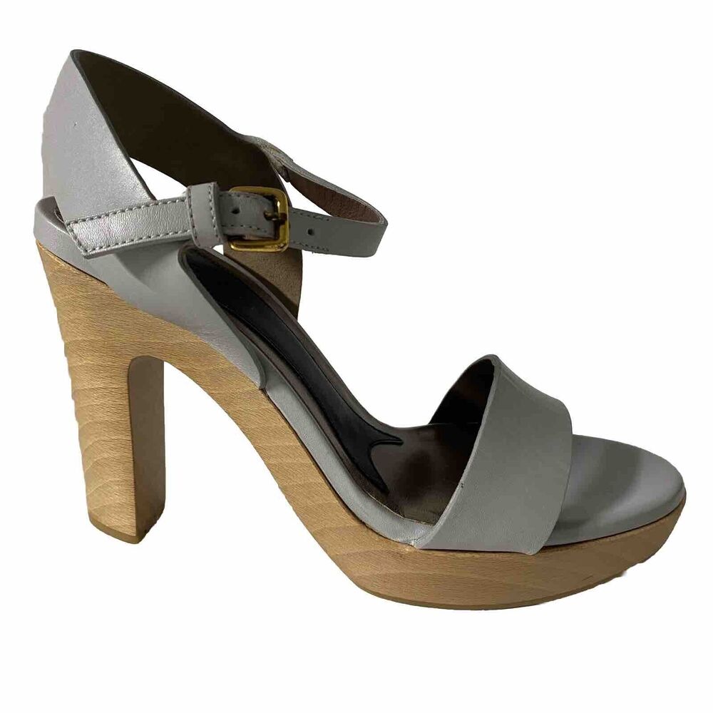 MARNI Sandal Leather Open Toe Platform Ankle Strap Wood Heel Grayish Blue 39